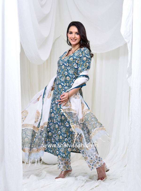 Zam Sateen Casual Wear Suit In Green Color With Jaipuri Print